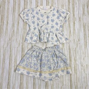 Vintage Buster Brown White & Blue Floral Shirt and Skirt Set